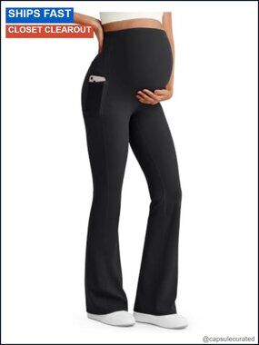Maternity Flare Leggings Pregnancy Dress Pants Work Yoga Pockets Nylon Lycra